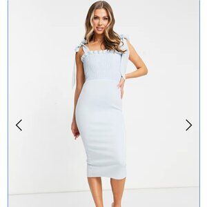 ASOS DESIGN shirred bunny tie pencil midi dress in dusty blue